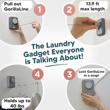 GorillaLine Max – Retractable Clothesline Indoor Outdoor, Non-Sagging Heavy Duty Clothes Drying Line, Wall Mounted Drying Rack, Air Dry Clothing, Max Tighten with GorillaGrip