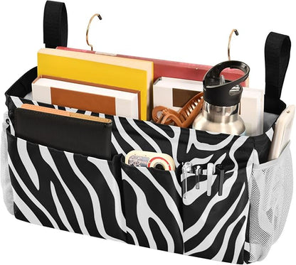 CuwrYet Bedside Caddy Hanging Bunk Bed Caddy Bed Organizer Hanging Pocket with 2 Hooks Bedside Storage Organizer Pocket Bag Holder White Black Zebra Print