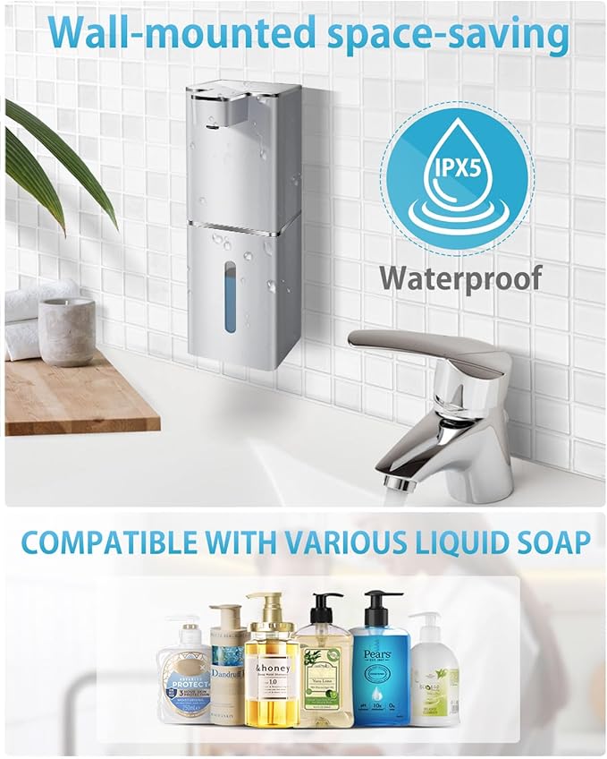 JEMISUN Automatic Liquid Soap Dispenser Touchless Soap Dispenser 380ml/12.8oz Rechargeable, Wall Mounted,4 Levels Adjustable Auto Soap Pump for Bathroom Kitchen Dish Soap