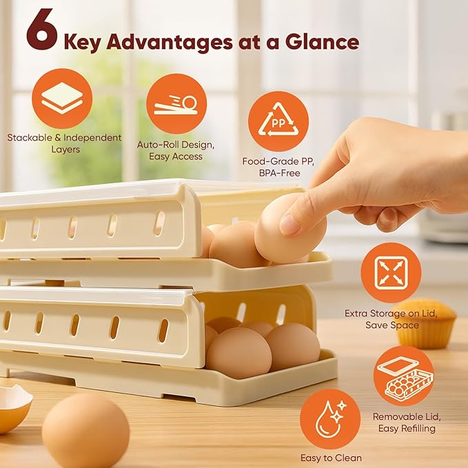 Automatic Rolling Egg Holder for Refrigerator, 1-Pack Stackable Egg Storage Containers, Smooth Glide Track, Steady Base & Dishwasher Safe