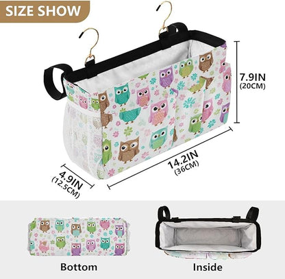 CuwrYet Bedside Caddy Hanging Bunk Bed Caddy Bed Organizer Hanging Pocket with 2 Hooks Bedside Storage Organizer Pocket Bag Holder Colorful Owls and Flowers