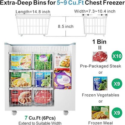 iSPECLE Freezer Organizer Bins - 4 Pack Adjustable & Extra Large Chest Freezer Organizer Bins for 5 to 9 Cu.Ft Deep Freezer, Easy Organize Basket Store More, Stackable No Wasted Space, White