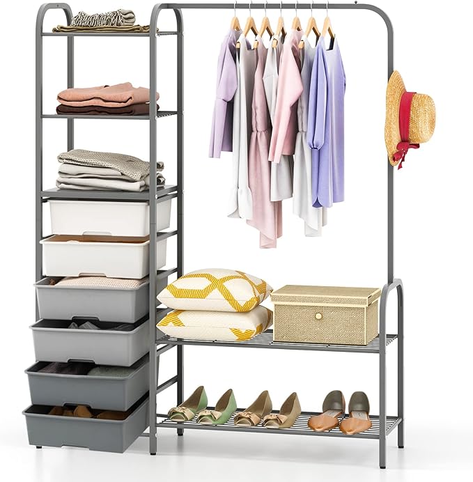 Tangkula Heavy Duty Clothes Rack with 6 Removable Drawers, 3-Tier Open Shelves & 2-Tier Metal Shoe Rack, Side Hook, Garment Rack with Adjustable Feet, Freestanding Closet Organizer for Closet, Bedroom