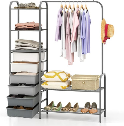 Tangkula Heavy Duty Clothes Rack with 6 Removable Drawers, 3-Tier Open Shelves & 2-Tier Metal Shoe Rack, Side Hook, Garment Rack with Adjustable Feet, Freestanding Closet Organizer for Closet, Bedroom