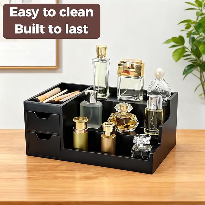 UUyuality Countertop Perfume & Makeup Organizer - Wooden Rack, Cologne Stand Shelves & Skincare Organizer for Bedroom Dresser, Organizador de Perfumes Estante para Perfumes (Black, 01)