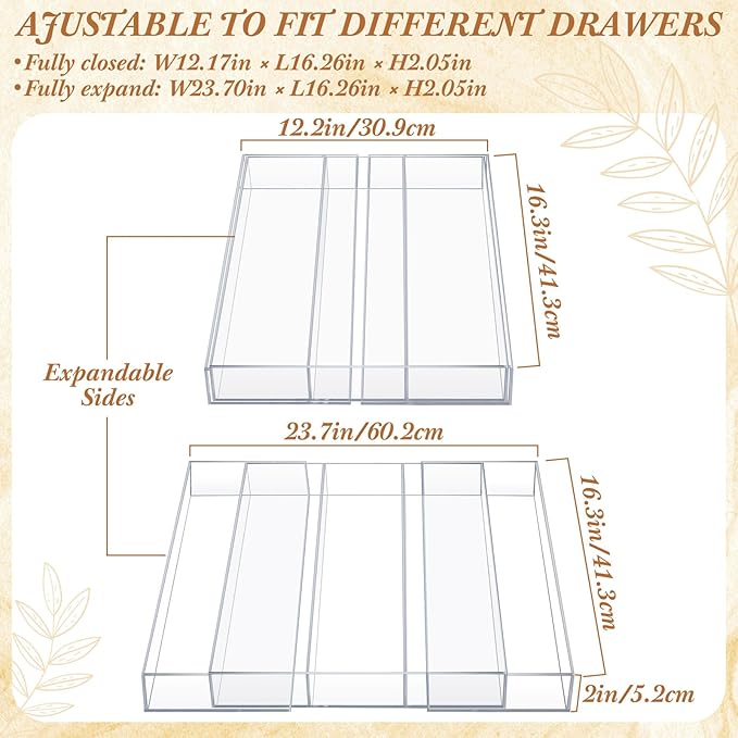 2 Packs Expandable Kitchen Drawer Organizer Clear Acrylic Utensil Organizer Adjustable Acrylic Silverware Storage for Drawers Silverware Flatware Knives (12 x 16 Inches,3-5 Compartments)