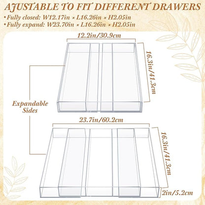 2 Packs Expandable Kitchen Drawer Organizer Clear Acrylic Utensil Organizer Adjustable Acrylic Silverware Storage for Drawers Silverware Flatware Knives (12 x 16 Inches,3-5 Compartments)