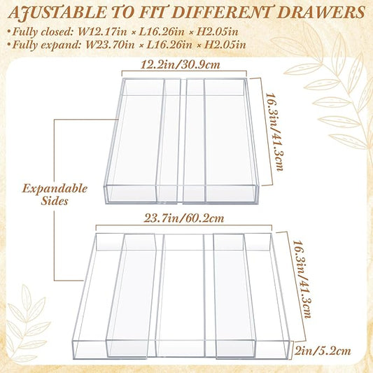 2 Packs Expandable Kitchen Drawer Organizer Clear Acrylic Utensil Organizer Adjustable Acrylic Silverware Storage for Drawers Silverware Flatware Knives (12 x 16 Inches,3-5 Compartments)