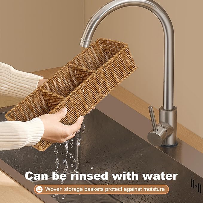 Resin Wicker Toilet Basket - Water-Resistant 2-Pack 3-Sections｜Toilet Tank Organizer for Bathroom Farmhouse
