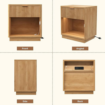Miereirl Fluted Nightstands Set of 1 with Charging Station, LED Nightstand with Rounded Edge, 22" W Farmhouse Nightstand for Bedroom, Natural Oak