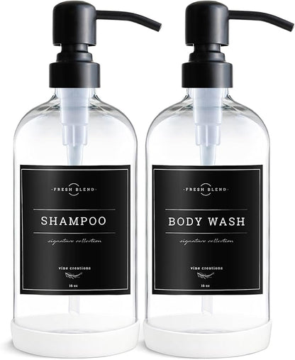 Vine Creations Clear Glass Soap Dispenser, 2 Pack Kitchen Soap Dispenser Set with Stainless Steel Pump, 16 oz Dish Soap and Hand Soap Dispensers for Bathroom with Waterproof Labels