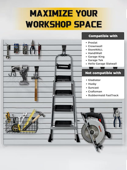 AZUNO 32Pcs Slatwall Accessories Set with 4 Slatwall Baskets & 26 Multi-Sized Slatwall Hooks and 2 Heavy-Duty Storage Straps for Garage, Workshop, and Home Organization Storage