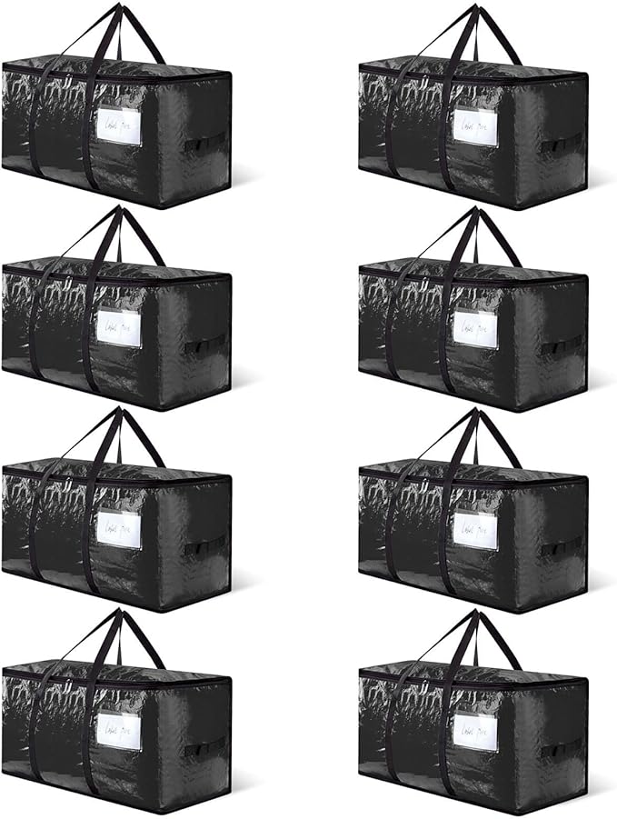 8-pack extra-large moving bags - zinc alloy zipper, webbing edging, sturdy handles, durable construction, PE plastic material, suitable for university dormitories and home organization.