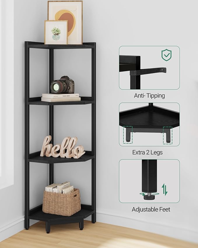 Corner Shelf Stand, Corner Bookshelf, Storage Standing Shelf Unit with Metal Frame, Plant Stand, Corner Bookcase for Living Room, Home Office, Bedroom, 4-Tier Black CS05806B