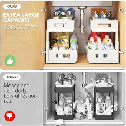 1 Pack 17IN Depth Under Sink Organizer, 2-Tier Pull Out Cabinet Organizer With Smooth Circular Rail, Large Capacity Metal Mesh Sliding Drawers For Bathroom& Kitchen Storage,Height Adjustable –White