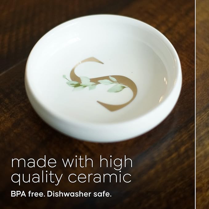 Trinket Tray Ring Dish with Personalized S in Gold Foil and Greenery - White Ring Dish - Monogrammed Trinket Dish or Jewelry Bowl - Cedar & Ink (S)