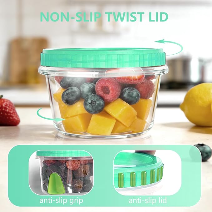 Slomg 10 Pack 16 oz Freezer Storage Containers with Green Twist Top Lids, Small Plastic Food Storage Soup Meal Prep Containers, Leakproof Overnight Quart Containers for Lunch Leftover Fruit Salad Oat