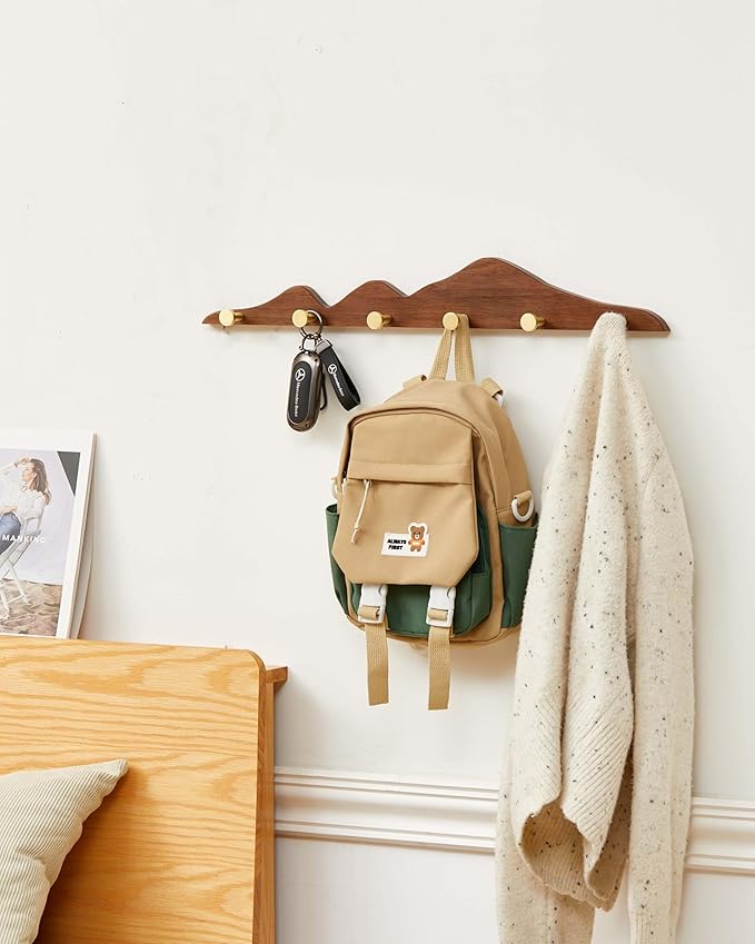 Wood Coat Hooks Wall Mount - Wooden Coat Rack with 6 Gold Brass Hooks for Entryway Bathroom Bedroom, Modern Decorative Wall Hooks Heavy Duty Organizer for Hanging Clothes Hats Bags Robes Towels Purse