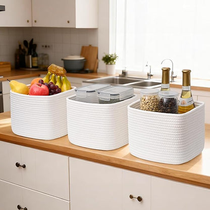3 Pack Cube Storage Bin, 9”x9”x7” Cotton Rope Woven Baskets for Organizing Toys Clothes Towels, Square Gift Storage Baskets for Shelf, Nursery, Closet, Bathroom, Pantry (White)