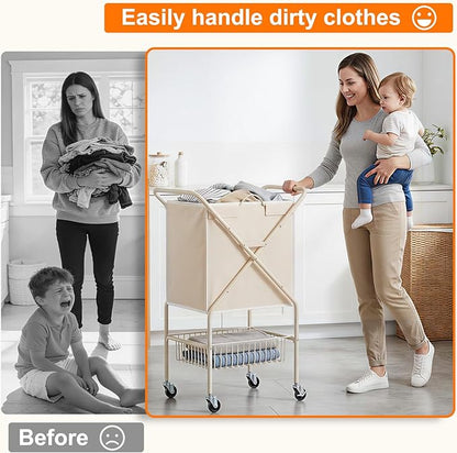 Laundry Basket with Wheels:88L Rolling Laundry Cart Foldable Metal Frame Dirty Clothes Laundry Hamper 36"H 4 Caster 2 Brake Waterproof Removable Liner Carry Handle for Dorm Laundry Room,Cream