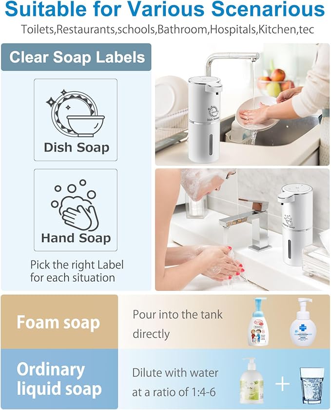 Gotofine Automatic Foaming Soap Dispenser, 4-Level Adjustable Foam, Wall Mount, USB Rechargeable, 12.8oz/380ml, Touchless Hand & Dish Soap Dispenser for Bathroom, Kitchen, Hotel, Restaurant