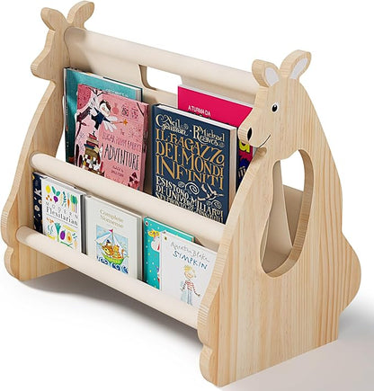 Double Sided Kids Bookshelf –2 Tier Portable Toddler Bookshelf,Book Shelf for Kids Rooms & Playroom,Wooden Montessori Baby Bookshelf,Toddler Book Display Shelves (Nature, Kangaroo)