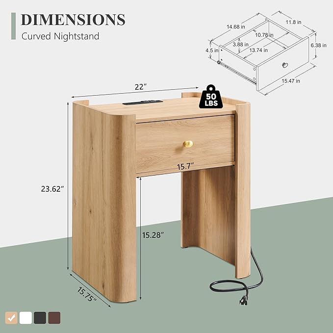 IFGET 23.6" Tall Modern Nightstand with Charging Station, 22" Wide Curved Bedside Table with 1 Storage Drawer, Wooden Night Stand, Large End Table for Bedroom, Living Room, Natural