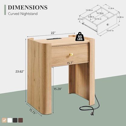 IFGET 23.6" Tall Modern Nightstand with Charging Station, 22" Wide Curved Bedside Table with 1 Storage Drawer, Wooden Night Stand, Large End Table for Bedroom, Living Room, Natural
