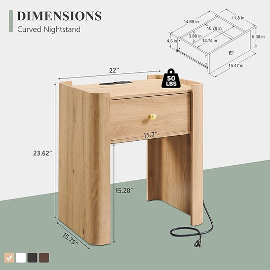 IFGET 23.6" Tall Modern Nightstand Set of 2, 22" Wide Curved Bedside Table with Charging Station, Wooden Night Stand with 1 Storage Drawer, Large End Table for Bedroom, Living Room, Natural