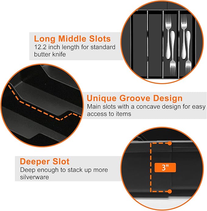 Silverware Organizer - Expandable Utensil Drawer Organizer, Adjustable Silverware Drawer Organizer, Plastic Kitchen Drawer Organizer for Forks, Knives, Kitchen Organizer Dividers, Black