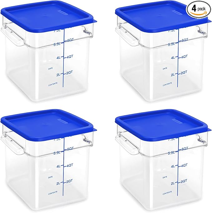 TSUBOR 4 Pack Food Storage Containers with Blue Lids, 8.0 Qt - Square, Clear, Polycarbonate, for Restaurant Commercial Kitchen and Home party