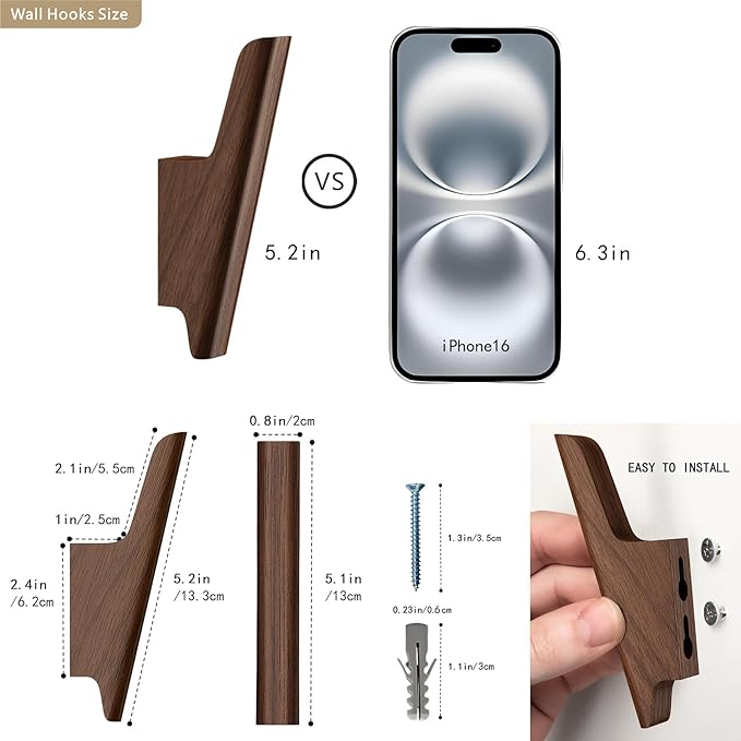 Wood Wall Hooks 4 Pack Coat Hooks Wall Mount Walnut Wooden Hooks for Hanging Hat, Bag, Backpack, Rustic Coat Hooks for Wall, Wood Towel Hooks for Bathrooms and Entryway Hooks (Walnut, Dark)