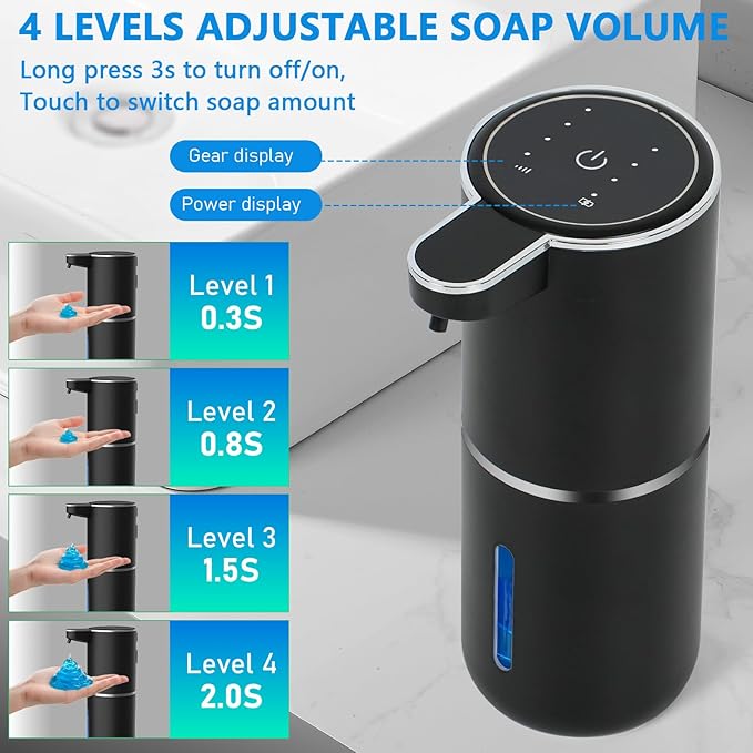 Automatic Soap Dispenser Touchless, USB Rechargeable Automatic Liquid Soap Dispenser, 12.8oz/380mL, 4 Level Adjustable, 1500mAh Smart Wall Mounted for Bathroom Kitchen Dish/Hand Soap