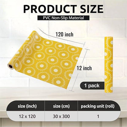 FIFTY FEET 12X120 Inch Shelf Liner for Kitchen Cabinets, PVC Drawer Liner for Dresser Non-Slip Bathroom, Non-Adhesive Cabinet Liner Washable (Yellow Circle)(1 Roll)