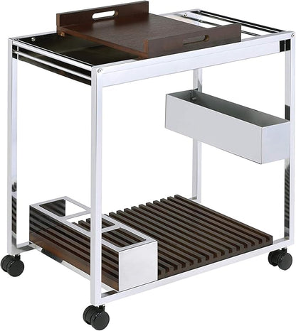 Lisses Chrome Finish Modern Bar Cart with Wood Shelves, Metal Frame, Wine Rack Storage, 30x16x31 Inch, Rolling Wheels, Walnut