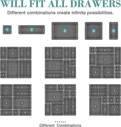 StorMiracle 16 PCS Drawer Organizer Set, 5 Varied Size Bathroom and kitchen Drawer cabinet organizer Trays, Clear Storage Bins for Makeup, Jewelry, Utensils and Gadgets, Black