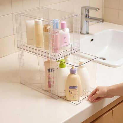 High Clear Stackable Storage Drawers(4 Pack), High-strength Plastic Organizer Bins with Handles for Skincare Bathroom Cabinet Vanity Undersink Kitchen Pantry BPA-Free Storage Containers