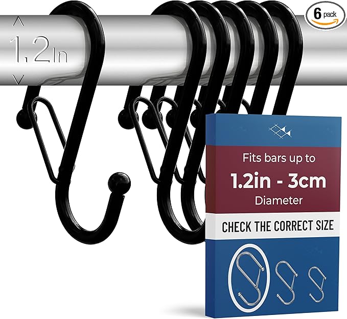 Blau Marité 6 S-Shaped Hooks with Anti-Fall System. Anti Drop S-Shaped Hook with Safety Buckle to Prevent Falls. Heavy Duty. (Black, 4in Long (Diameter Rod<1.2in))