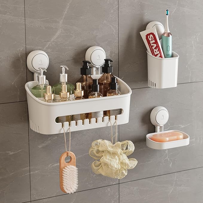 MoJoTools Shower Caddy Suction Cup Set - No-Drill Removable 3-Pack Organizer with Shower Shelf, Soap Dish, and Toothbrush Holder - Strong Suction, Waterproof, Ideal for Bathroom Organization