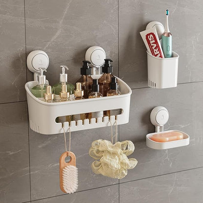 MoJoTools Shower Caddy Suction Cup Set - No-Drill Removable 3-Pack Organizer with Shower Shelf, Soap Dish, and Toothbrush Holder - Strong Suction, Waterproof, Ideal for Bathroom Organization