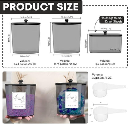 3 Pack Laundry Powder Container & Dryer Sheet Holder, Plastic Laundry Room Organization and Storage Jars with Lids, Labels & Scoops for Powder, Detergent, Scent Booster (Black)