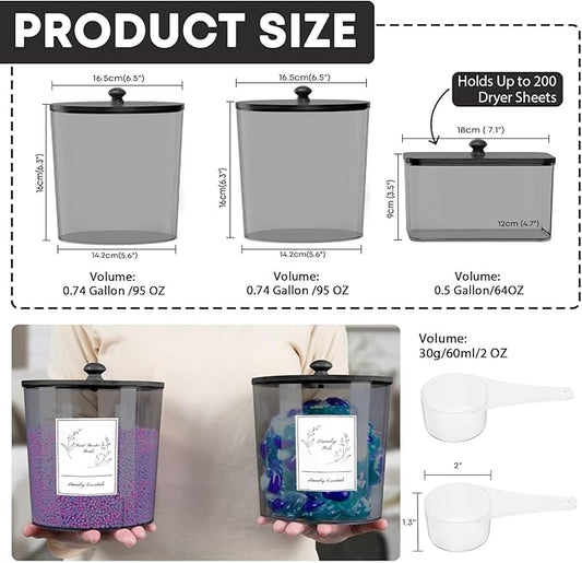 3 Pack Laundry Powder Container & Dryer Sheet Holder, Plastic Laundry Room Organization and Storage Jars with Lids, Labels & Scoops for Powder, Detergent, Scent Booster (Black)