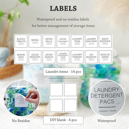 Laundry Glass Jars with Dryer Sheets Holder, Containers with Scoop and Labels for Laundry Room Organization and Storage Detergents Pods or Powder, Scent Booster Beads, Set of 3