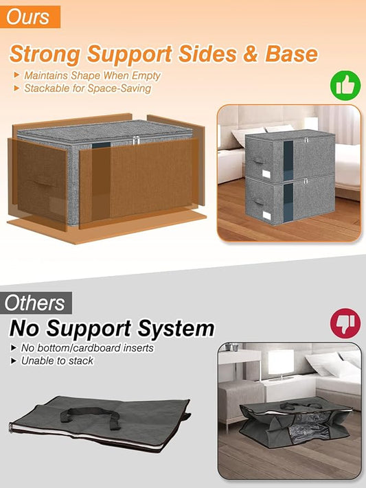 boailydi 60L Blanket/Comforter Storage Bag w/Rigid Side & Bottom Support, Stackable Clothes Storage Bin for Sweaters Bedding Sets Quilts Pillows, Closet Organizer, 21.7x14.2x11.8in, 2 Pack, Gray