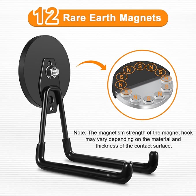 ENUODA Magnetic Hooks Heavy Duty Rare Earth Magnets with Hooks Large Magnetic Tool Holder for Hanging Garden Tools, Drills, Shovel, Broom, Hoses, Extension Cord, Garage Organization, 4 PCS