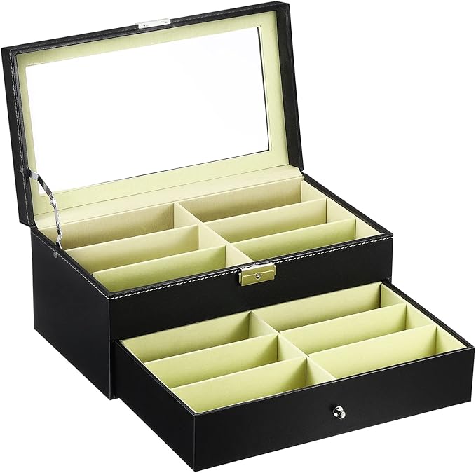 PATIKIL Sunglasses Organizer for Women Men, 12 Slot Leather Eyeglass Display Case Holder with Drawer Double-Layer Eyewear Storage Box, Black