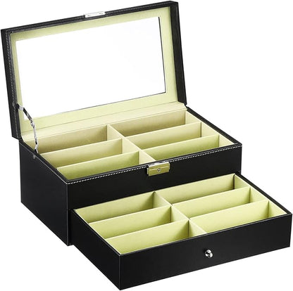 PATIKIL Sunglasses Organizer for Women Men, 12 Slot Leather Eyeglass Display Case Holder with Drawer Double-Layer Eyewear Storage Box, Black