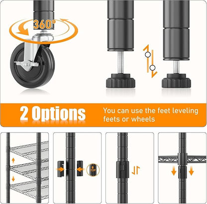 Himimi 82" H Storage Shelves 6 Tier Metal Shelving Adjustable Wire Shelf with Wheels, Heavy Duty Shelving for Garage Kitchen Pantry Bathroom Laundry,18" D*48" W*82" H, Black