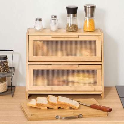 VEVOR Double Layer Bread Box for Kitchen Counter, Large Capacity Bamboo Bread Storage Container, Farmhouse Wooden Breadbox for Homemade Bread, Storage Holder Bin with Acrylic Wavy Door Panel, Natural