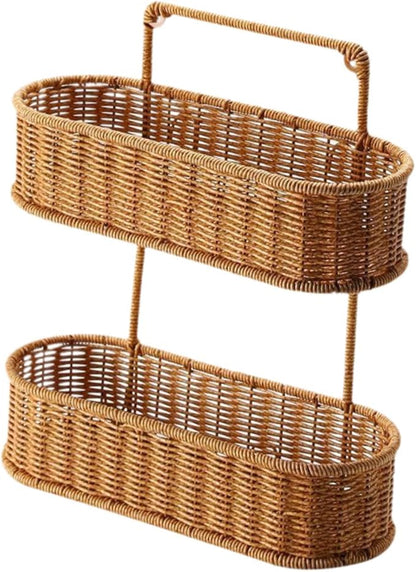 Woven Hanging Organizer Basket, 2 Tier Hanging Fruit Basket, Hand Woven 2 Tier Basket Stand for Bedrooms, Kitchen Entrances, Oval